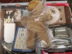 A mixed collection vintage placemats, kitchenware items, Cuttlery, together vintage Bear (eyes