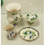 Masons Chartreuse patterned handled vase, covered dish, small tray & Cathay patterned jug, tallest