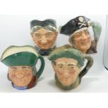 Royal Doulton Large Character Jugs Long John Silver D6335, Toby Philpotts D5736, Granny & Auld Mac(