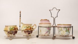 Carlton blush ware Metal Framed Condiment Sets with Blackberry & Floral decoration, by Wiltshaw &
