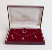 9ct gold matching jewellery set with red stones & diamonds, comprising pendant & chain, earrings and