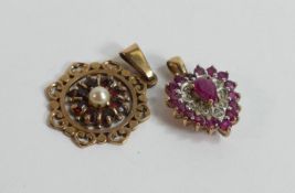 Two 9ct gold pendants, both set with pink stones, 4.4g. (2)