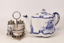 Carlton blush ware Teapot & metal framed condiment set with Blue & White Windmill decoration, by