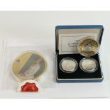 1989 silver two coin £2 coin set cased with COA, together with large gold plated coin & 1 crown coin