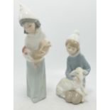 Lladro Girl with Cockerel Figure & similar Boy with Lamb, tallest 19.5cm(2)