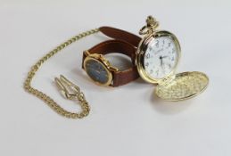 Modern Gentleman's Alpine gold plated pocket watch and chain and Unistar wristwatch with leather
