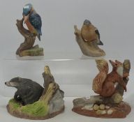 Wedgwood Matt Animal Figures Kingfisher , Badger, Squirrel & Sparrow, tallest 14cm(4)