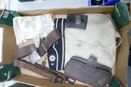 A collection of vintage Boys Brigade regalia to include, cap, printed sling, belts & leather bag