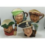 Royal Doulton Large Character Jugs Long John Silver D6335, Sairey Gamp D5528, Smuggler D6616 &