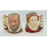 Royal Doulton small size character jugs Queen Elizabeth I: D6821 and King Phillip of Spain D6822,