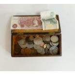 A wood box containing a collection of old coins, including old copper & silver coins,