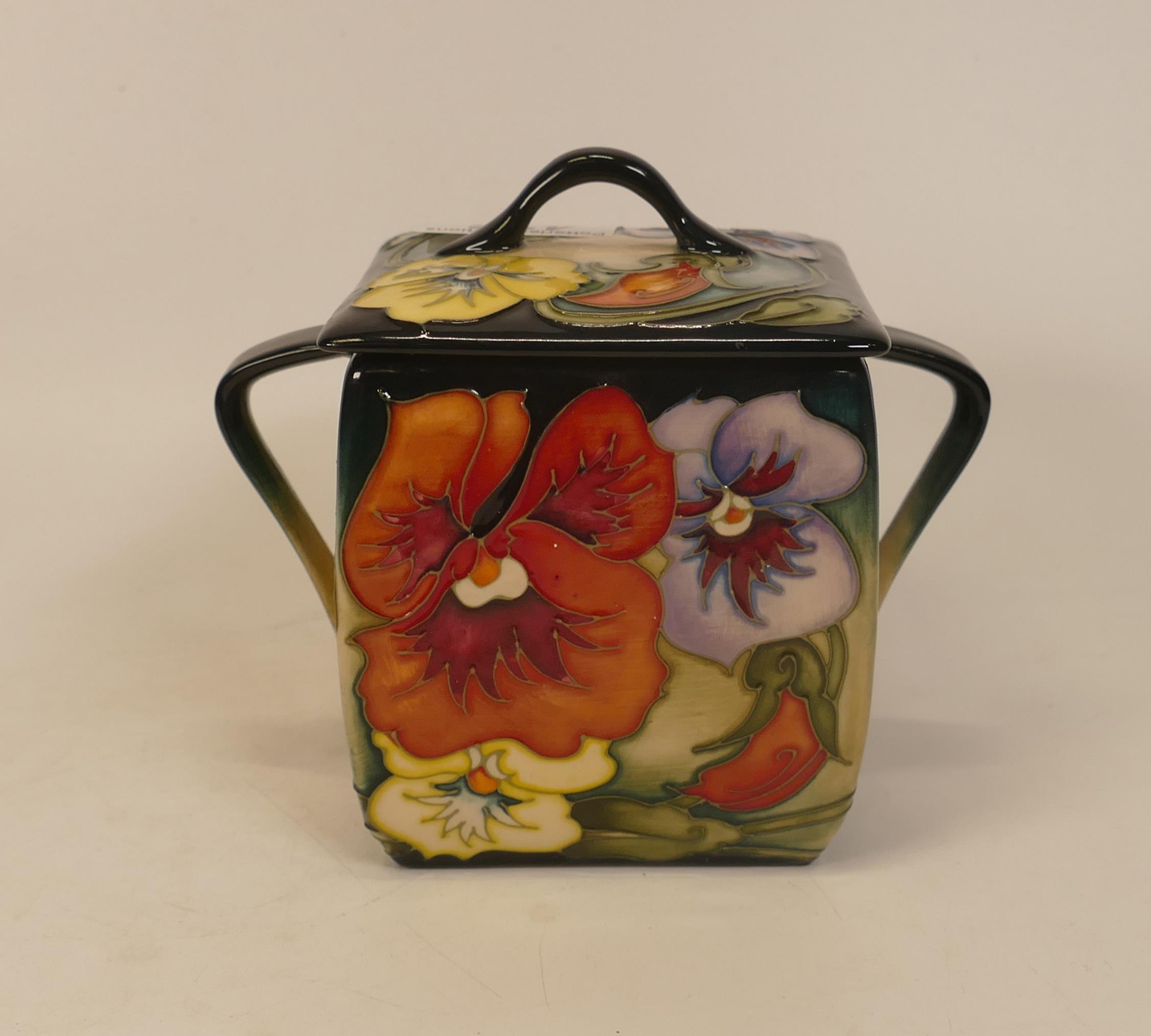 Moorcroft pansy biscuit barrel. Limited edition 32/150, signed and dated by Emma Bossons. Height
