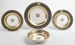 De Lamerie Fine Bone China, heavily gilded Special Commission plates, rimmed bowl & bowl , specially