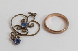 9ct rose gold wedding ring, 2.2g together with yellow metal shaped brooch set with blue stones. (2)