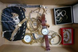 A collection of ladies costume jewellery, including silver, earrings, necklaces, wristwatches etc