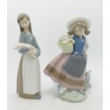 Lladro figure of Girl with Piglet & Girl with Basket of Posies , height of tallest 18cm(2)