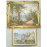 Gilt framed oil on canvas of a woodland scene together with a oil on board with a harbour scene .
