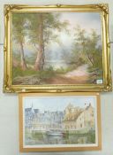 Gilt framed oil on canvas of a woodland scene together with a oil on board with a harbour scene .