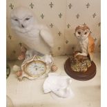 Royal Doulton barn owl on wooden plinth together with devotion figure and a snowy owl by Franklin