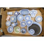 A mixed collection of Wedgwood Multi Colour Jasperware including Lidded Boxes, lighter, wall plates,