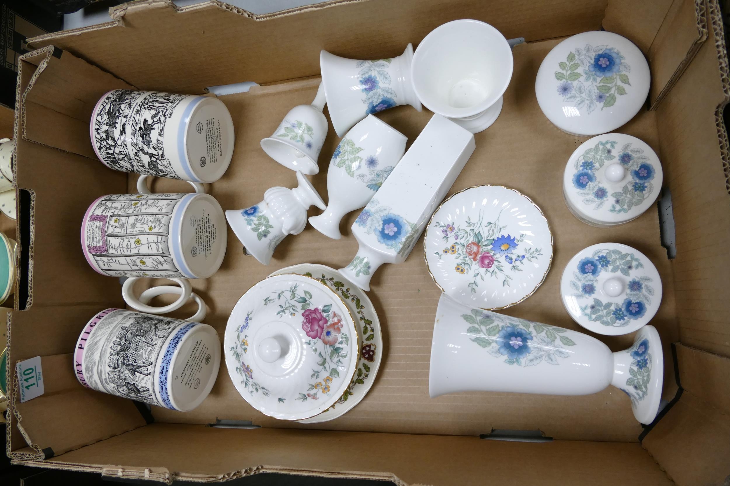 A mixed collection of Wedgwood items to include Tankards, Clementine patterned vases & lidded