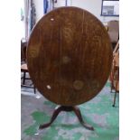 Oak Tilt top table with tripod base together with 3 matching dining chairs with rush seating