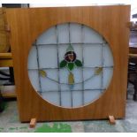 Modern wooden encased early 20th century stained glass illumating panel 88cm Wide