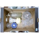 A mixed collection of items to include vintage soda bottle, Wedgwood Dip & Blue box , large glass