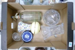 A mixed collection of items to include vintage soda bottle, Wedgwood Dip & Blue box , large glass