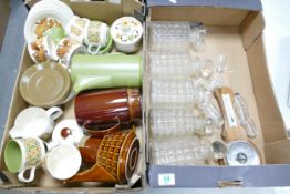 A mixed collection of items to include Mid Century Palissy & similar tea ware, glass decanters