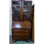 Early 20th century Oak Bureau with glazed bookcase top piece 91cm Wide, 198cm High