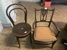 One French Bistro chair in the manner of Thonet together with a Childs bedroom chair with italianate