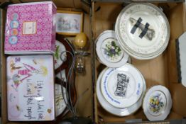 A mixed collection of items to include decorative wall plates, ornate glass & metal candlestick,