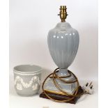 Wedgwood grey gloss lampbase together with small planter . Height including fittings 38cm (2)