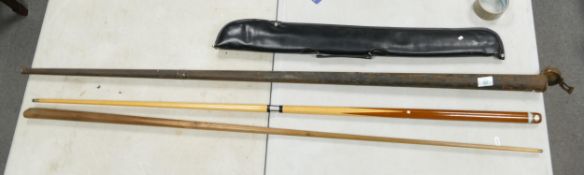 Vintage Hullins Hanley One Piece Snooker Cue with original tin tube & later 2 piece item(2)