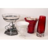A Collection of glass items to Ruby Glass Vases, Free From Glass Bon Bon dish & raised fruit bow