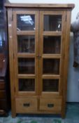 Modern Oak glazed bookcase with 2 storage drawers 98cm Wide, 180cm High