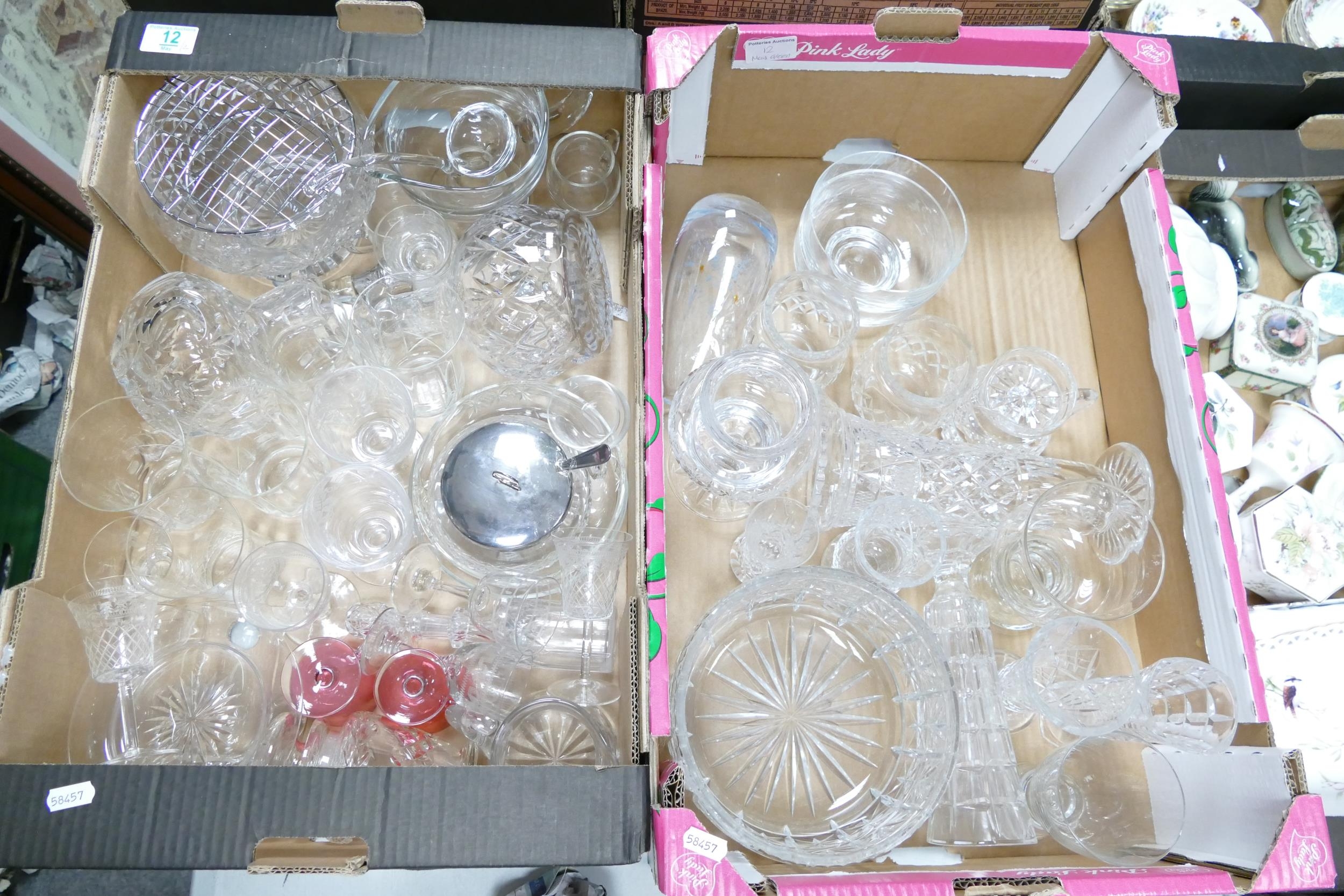 A mixed collection of glass items to include fruit bowls, vases, etched items, small decanter etc