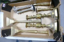 A collection of Brass & Aluminium Candlesticks including two The King of Diamonds sticks, largest
