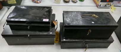 Four Black Metal Deed Boxes, one without key largest length 41cm(4)