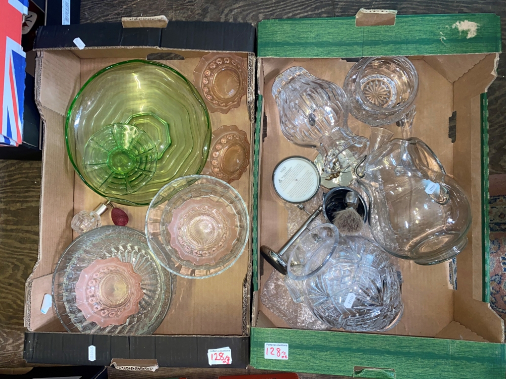 Mixed collection of items to include crystal vases and bowl, large Uranium glass shallow bowl etc (2