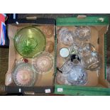 Mixed collection of items to include crystal vases and bowl, large Uranium glass shallow bowl etc (2