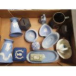 Wedgwood Jasperware Items to include Queen's Blue trinket box, blue jasperware vases and pin dishes,