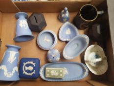 Wedgwood Jasperware Items to include Queen's Blue trinket box, blue jasperware vases and pin dishes,