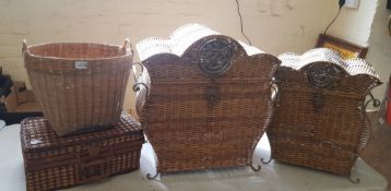 A group of wicker items including 2 laundry hampers, a picnic hamper and a log basket