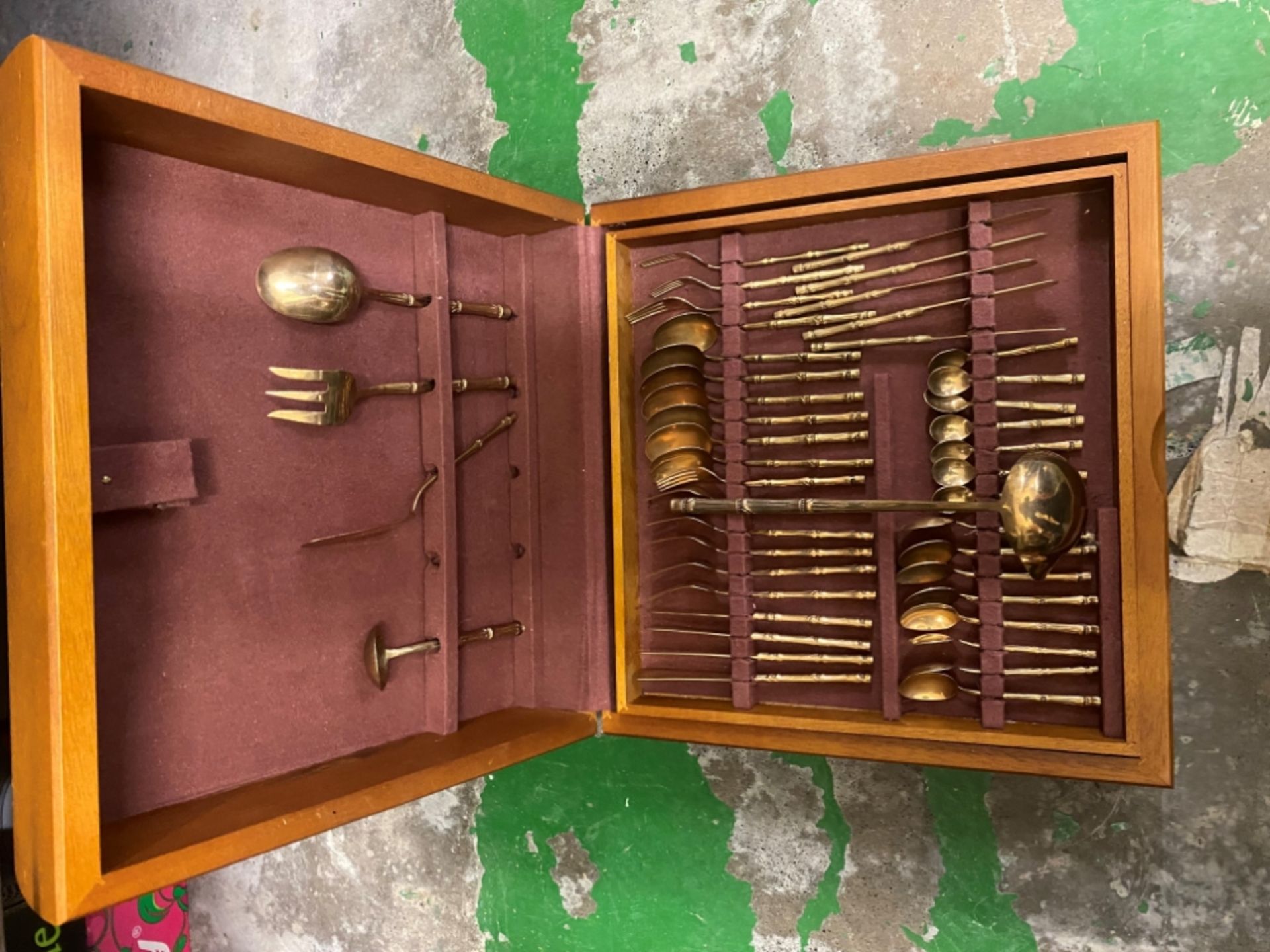 Mid-century Extensive Cutlery Canteen containing two layers of Chinoiserie Gilt effect cutlery.