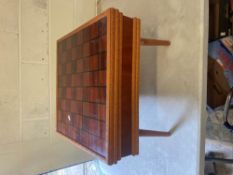 Mid century low chess table with a set of resin chess pieces in fitted internals, height of
