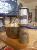 A vintage brass Jam pan together with Brass & Aluminium Minors safety lamp (glass broken)