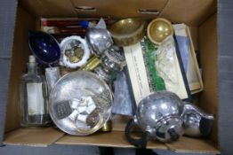 A mixed collection of items to include Harmonica 64 Chromonica Hohner, Brass Change pots, Silver