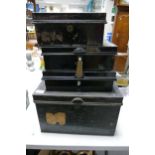 Four Black Metal Deed Boxes, two without keys largest length 40cm(4)